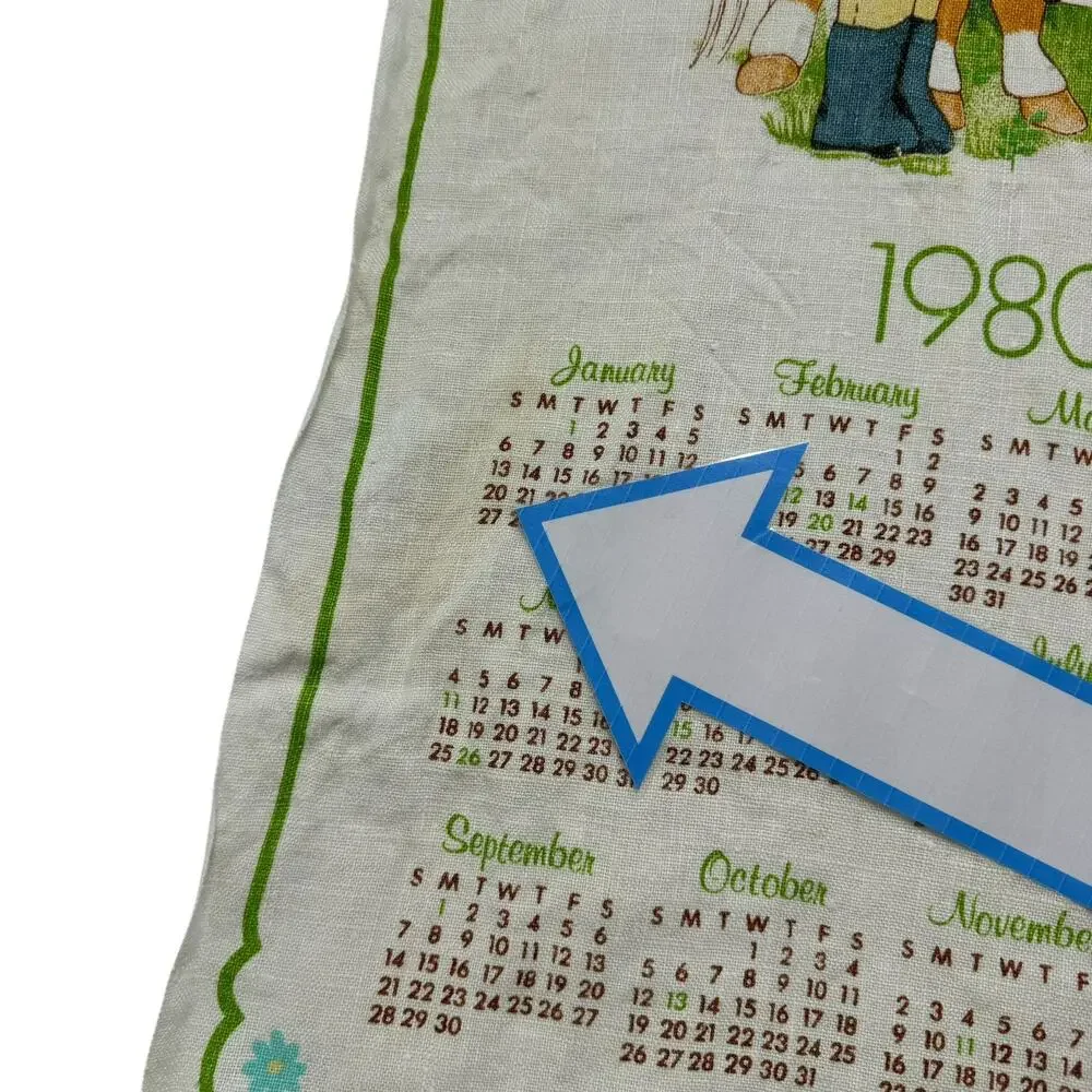 PRECIOUS MOMENT 1980 Vintage Linen Tea Towel Calendar Girl Horse Gibson Greeting